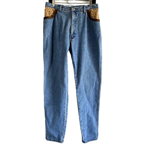 VTG Opal By Lorraine Wardy High Waisted Jeans Floral Leather Cotton Pocket 12 32 - Picture 1 of 5